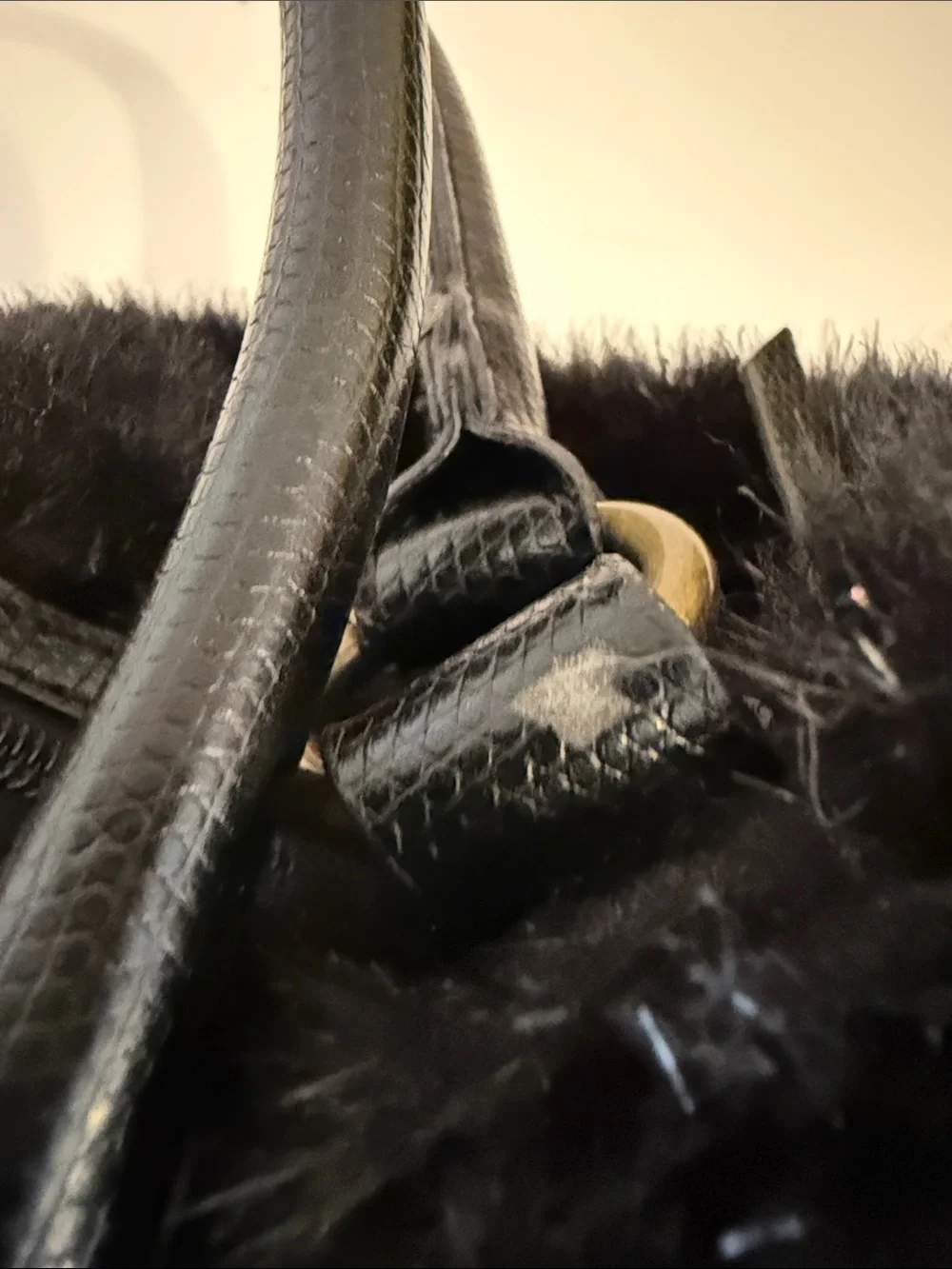 Black Faux Fur Top-Handle Satchel with Embellished Buckle